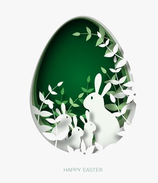 3d abstract paper cut illustration of colorful paper art easter rabbit family, grass, flowers and green egg shape.