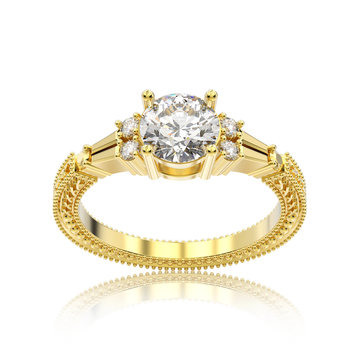 3D illustration isolated yellow gold decorative diamond ring with ornament with reflection