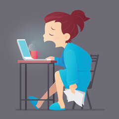 Fototapeta na wymiar Sleepy exhausted woman working at Home with her laptop, Vector and Illustration, Sleep deprivation and overtime working concept