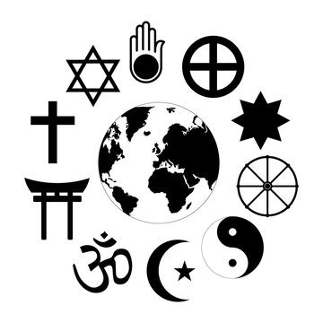 World Religions Planet Earth Flower World religions - flower icon made of religious symbols and planet earth in center.