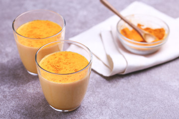 Indian turmeric milk with saffron, cardamom and turmeric. Copyspace