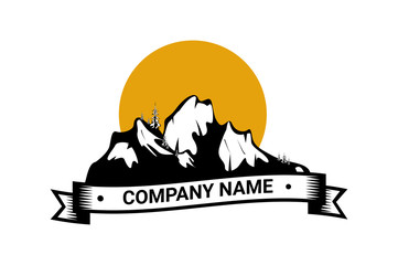 mountains against the sun. company logo, logo. ribbon with inscription.