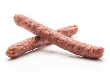 Hungarian dry sausages pepperoni isolated on white background two smoked in natural casing mixed pork beef.