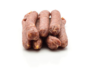 Hungarian dry sausages pepperoni set isolated on white background smoked in natural casing mixed pork and beef.