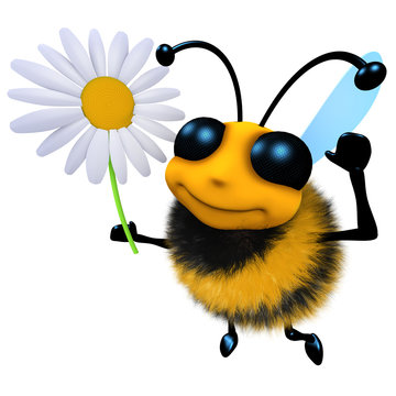 3d Funny cartoon honey bee character holding a daisy flower