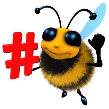 3d Funny cartoon honey bee character holding a hashtag symbol