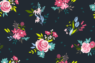 Dark seamless flower pattern. Vector floral background - 192970363