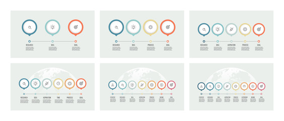 Business presentations. Timeline infographics with 3, 4, 5, 6, 7, 8 steps, options, arrows. Vector template.