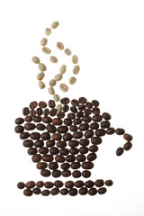 Coffee cup, saucer and steam, made of beans