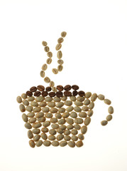 Coffee cup and steam made of beans isolated on white