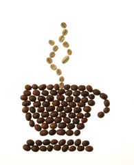 Coffee cup, saucer and steam, made of beans