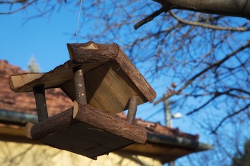 Wooden house for the birds to feed
