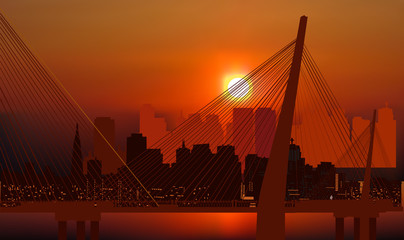 Obraz premium large bridge and modern buildings at orange sunset