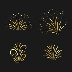 Vector golden firework hand drawn elements set. Holiday decor on black background.