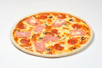 Pepperoni pizza with sausage, mushrooms and mozzarella on a white background