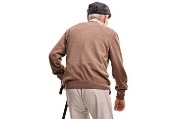 Rear view shot of a senior with a walking cane