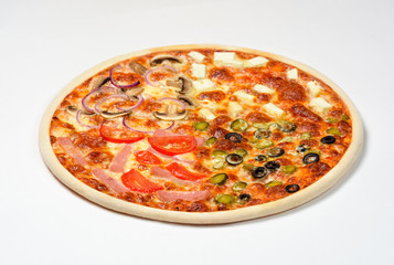 Pizza with Tomatoes and ham, , mushrooms, onions, gherkins, olives, feta cheese, mozzarella cheese on a white background