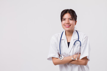 confident friendly happy smiling asian female doctor, woman doctor, woman surgeon, woman physician, hospital worker, health care profession studio white isolated portrait