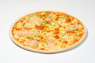 Pizza with smoked salmon, greens and mozzarella on a white background