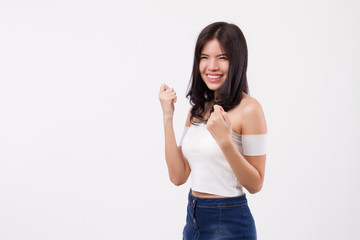 excited happy woman expression, amazed surprised asian woman portrait studio white background isolated, excited happy people concept, beautiful girl asian woman model