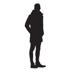 Standing man in jacket, isolated vector silhouette