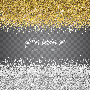 Vector shiny gold and silver glitter border set isolated on transparent background