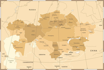 Kazakhstan Map - Vintage Detailed Vector Illustration