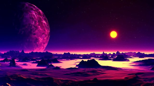 On an Alien Planet is Dawning. A bright yellow sun rises quickly above the hazy horizon. The huge planet slowly rotates on a dark starry sky. Desert landscape with sharp rocks bathed in red light. 