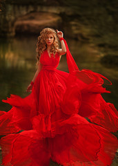 Woman in Red Dress, Lady Fantasy Gown Flying and Waving, Hair Blowing on Wind