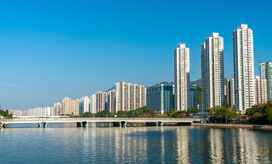 Fototapeta na wymiar Sha Tin District with the Shing Mun River in Hong Kong, China