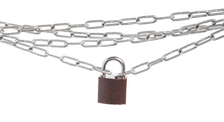Fototapeta na wymiar Closed lock hanging on chain isolated on white background