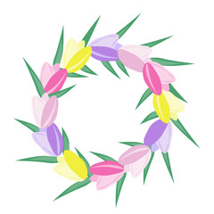 Simple tulip wreath. Vector pink, purple, yellow flowers wiht green leaves bent into a circle.