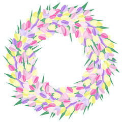 A large number of tulips are united in a bright wreath. Colorful vector illustration with purple, pink and yellow tulips with green leaves. Plenty of flowers. Easter environment.