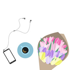 Coffee cup, smartphone with headphones and bouquet of tulips isolated on white background. Vector illustration..