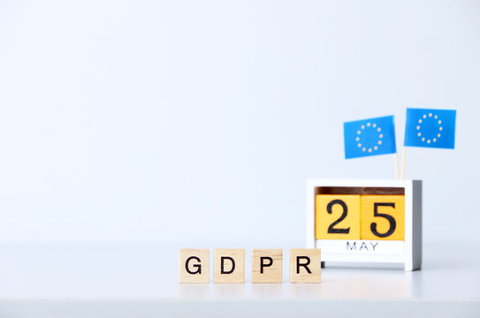 General Data Protection Regulation (GDPR) text and EU flag calendar may 25