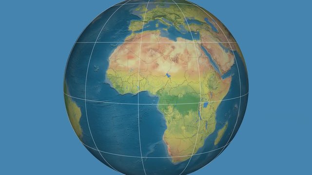 Zoom-in on Cameroon outlined. Topographic
