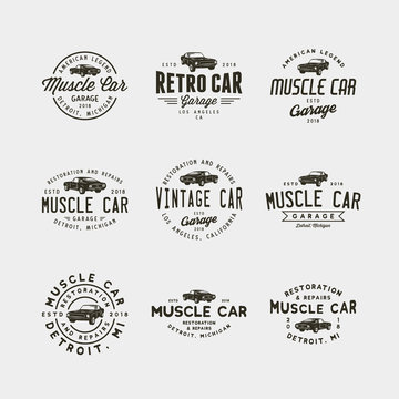 Set Of Vintage Muscle Car Garage Logos. Vector Illustration