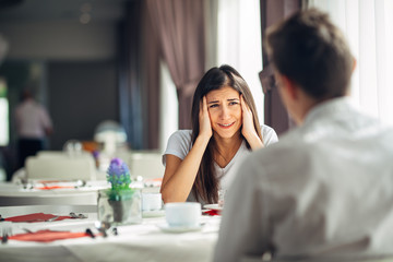 Disaster news.Reaction for negative event.Shocked woman in disbelief.Desperate angry female hearing disappointing information.Loosing job,getting a divorce,breaking up.Worried woman with problems