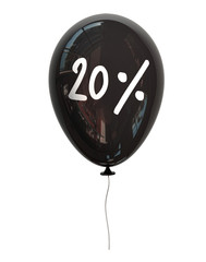 20% discount on Black Shiny Balloon. Season Sale Concept. 3d rendering isolated on White Background