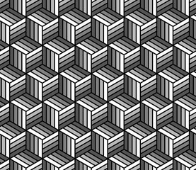 Black and white abstract striped cubes geometric seamless pattern, vector