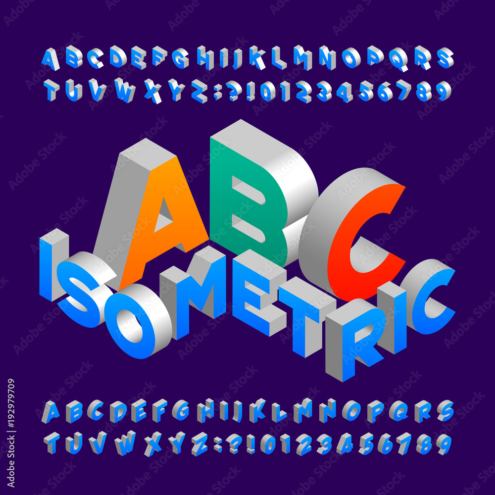 Fototapete isometric alphabet font. 3d effect letters, numbers and symbols. stock vector typeface for any typog