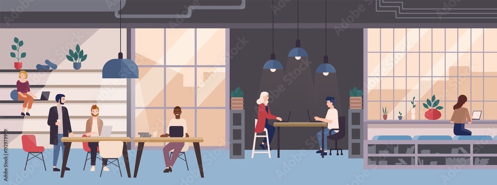 Aufkleber smiling young people working on laptops in co-working area. male and female freelance workers sittin