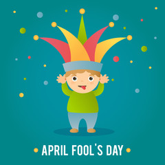 Vector illustration for holiday fool day. The boy in the cap of the jester with his tongue out. Day of jokes, laughter and fun. Can be used for the design of a banner, party, greeting card.