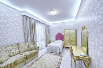  Russia, Moscow region - bedroom interior in a new luxury house.