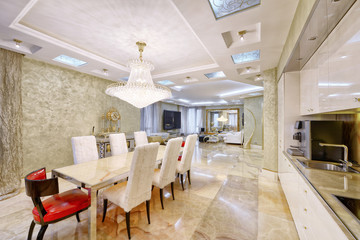 Modern design interior room with white gloss kitchen in a luxury apartment