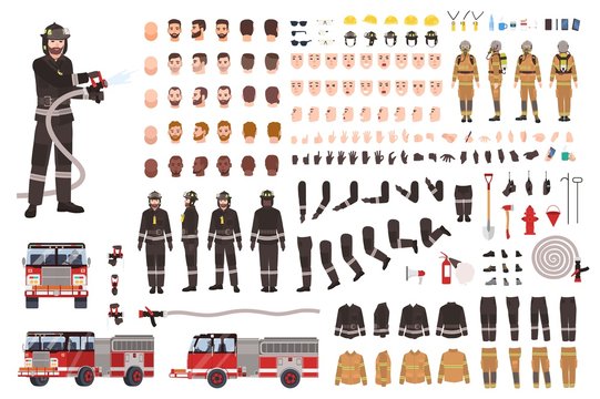 Firefighter creation set or constructor. Collection of fireman body parts, facial expressions, protective clothing, equipment, fire engine isolated on white background. Cartoon vector illustration.