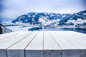 Desk of free space and winter landscape 