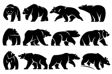 Illustration of stylized bears in profile. Black silhouette. Isolated on a white background.