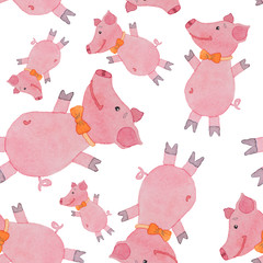 Seamless pattern with beautiful pig with a bow on neck painted watercolor on a white background