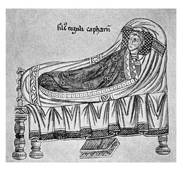 fashionable noble in bed with kaftan, XIII century illustration